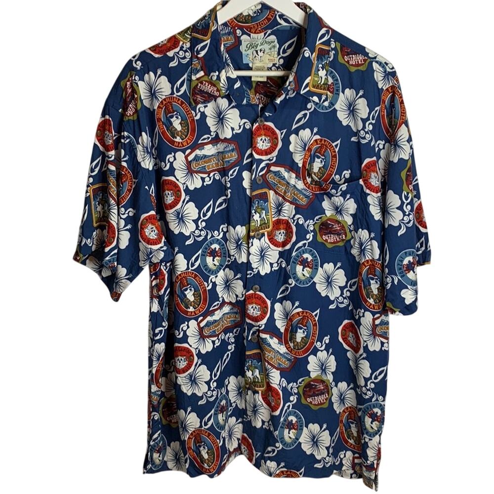 Big Dogs Mens Shirt Button Up Blue Hawaiian Tiki Casual Camp Shirt M-079 Sz L